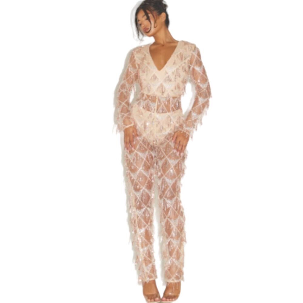 PrettyLittleThing Blush Pink Feather Embellished Sheer Jumpsuit
